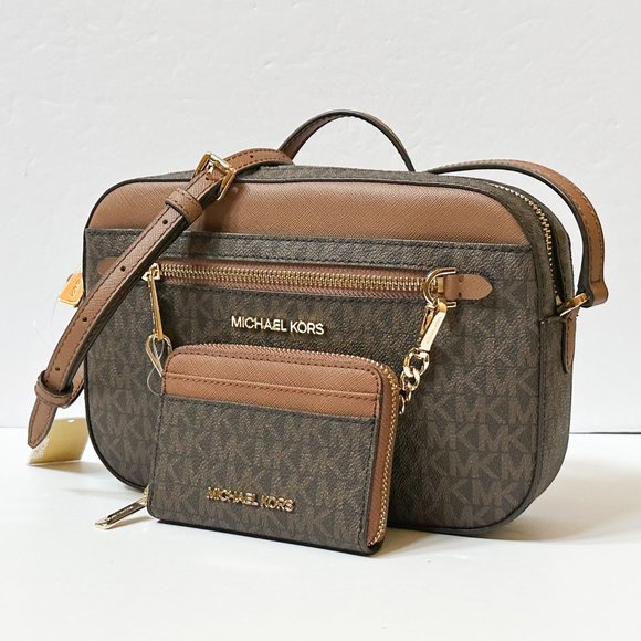 Michael Kors Jet Set Item Chain Crossbody Bag + Card Case Wallet MK Brown - Picture 1 of 11